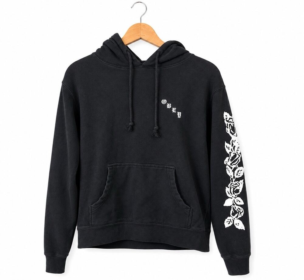 OBEY Worldwide Men’s Hoodie Black Rose Floral Graphic Sleeve Pullover Size L